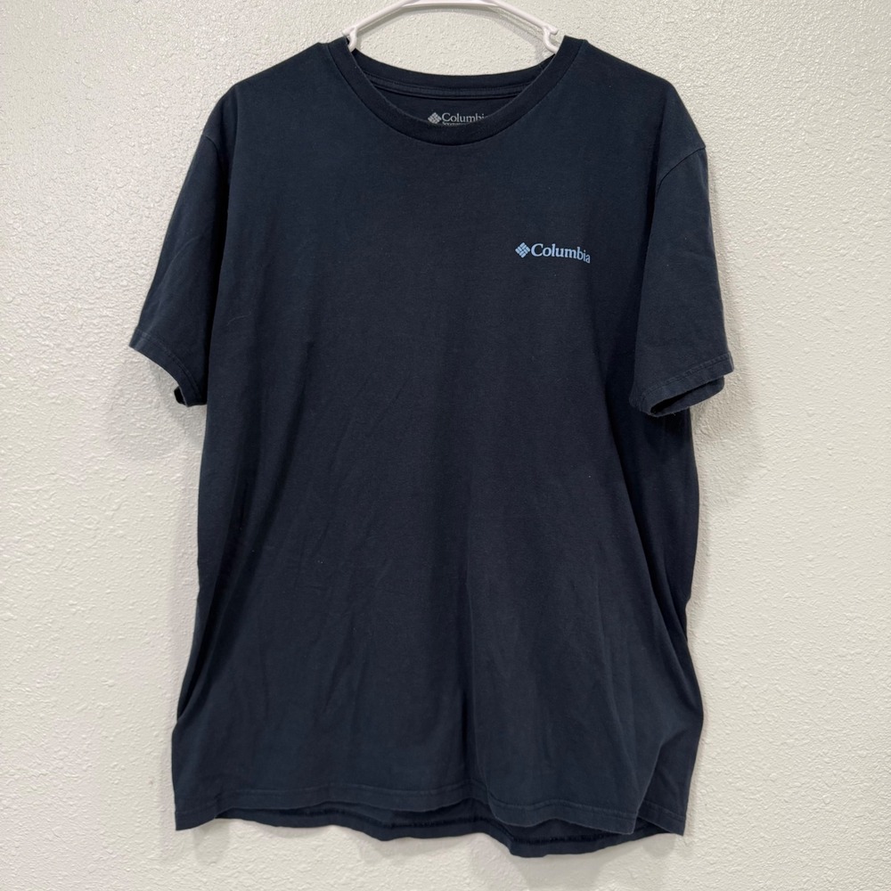 Columbia Mens XL Hide & Seek‎ Champ Bigfoot Graphic T-Shirt Navy Blue Cotton